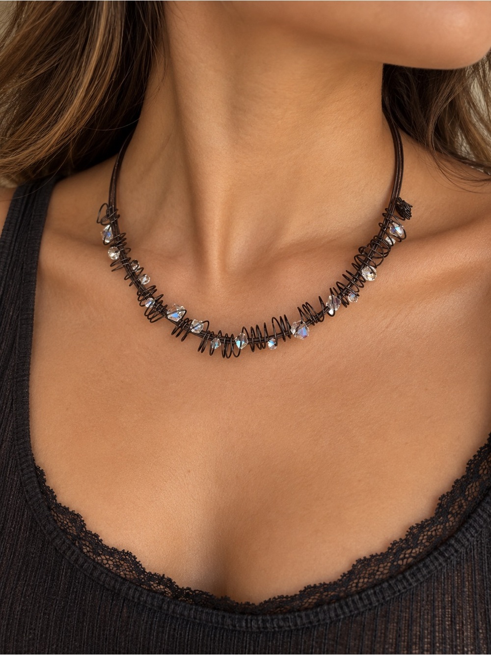 Vintage bohemian wire wrap crystal brown necklace